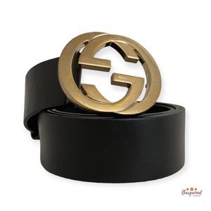 Authentic Gucci Black Calfskin Leather Gold Interlocking G Buckle Belt 90/36